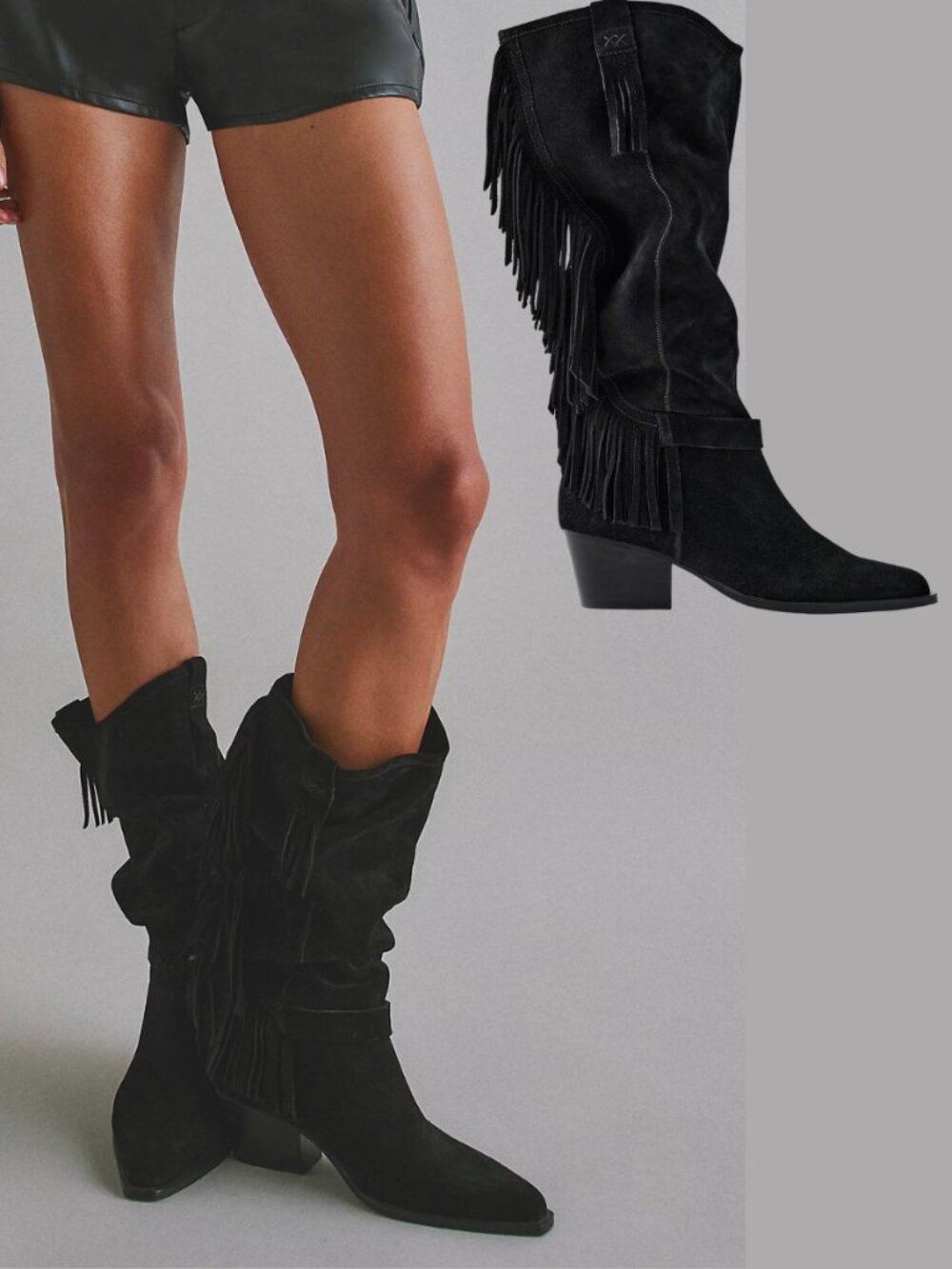 Free People Faith Fringe Western Boots Black Suede Knee High Block Heel NWT